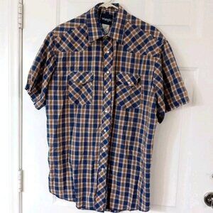 Vtg Wrangler Men's XL Western Shirt Blue, Brown Plaid Pearl Snaps Short Sleeve